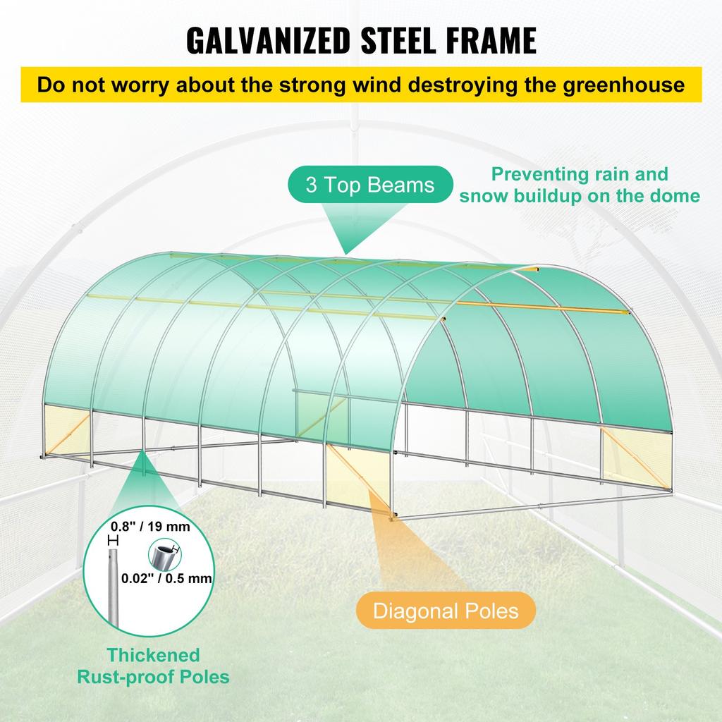 VEVOR Estufa Túnel Walk-in, 609,6 x 304,8 x 213,4 cm Estufa Portátil para Plantas com Arcos de Aço Galvanizado, 3 Vigas Superiores, 4 Hastes Diagonais