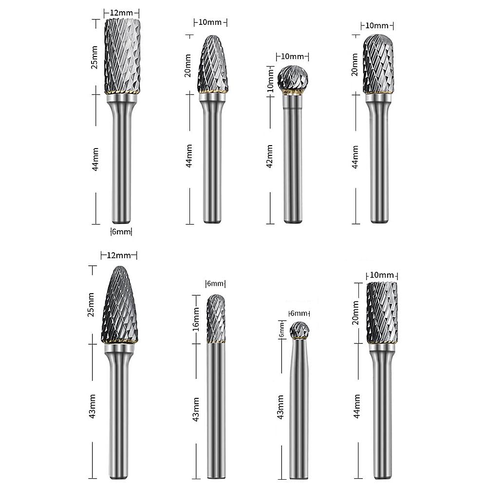 Set of 8 Tungsten Steel Carbide Bits for Rotary and Cutter for and Includes a Storage Metalworking, Burrs, Drills, Double-Cut Woodworking, Drilling,