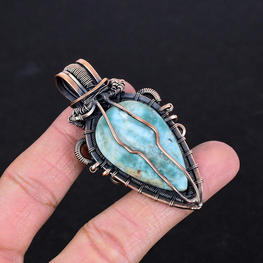 Larimar Pendant Gemstone Jewelry, 999 Copper Wire Wrapped Pendant, Handmade Jewelry Birthstone Pendant, Gift For Him