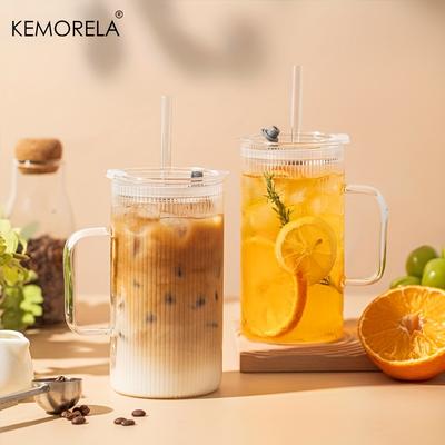 KEMORELA 740ML Grand Gobelet en Verre Côtelé avec Poignée et Couvercle Ensemble de 1/2 Tasses en Verre Transparent avec Pailles Réutilisables pour Café Glacé
