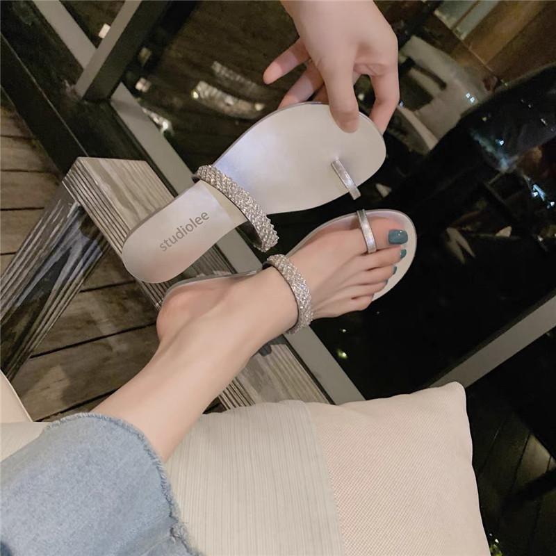 

Rhinestone sandals beach cover toe flat bottom clip toe slippers women s sandals outside 39 серебряный