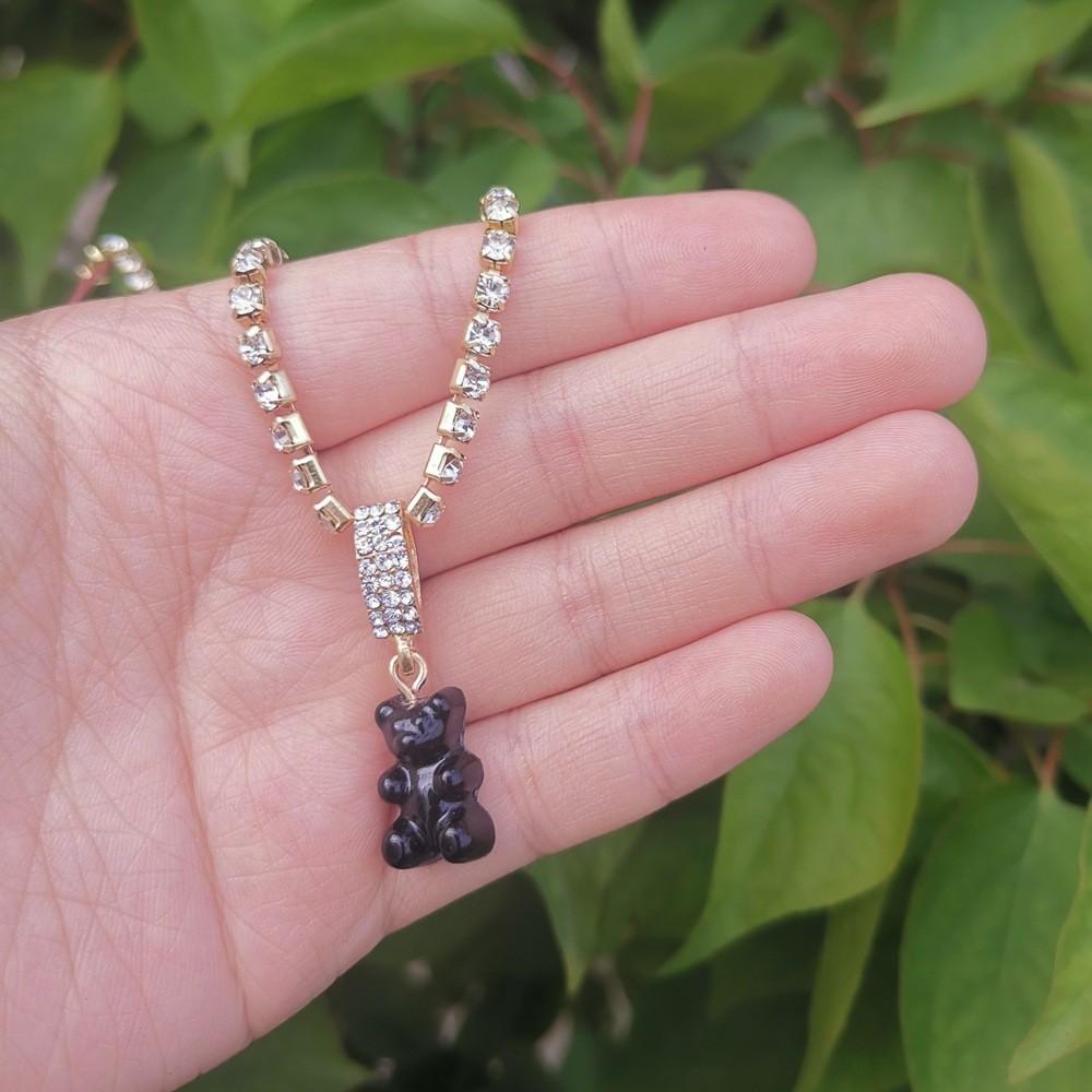Elegant Unisex Alloy Chain Necklace Featuring Adorable Rhinestone Bear Pendant Design чёрный