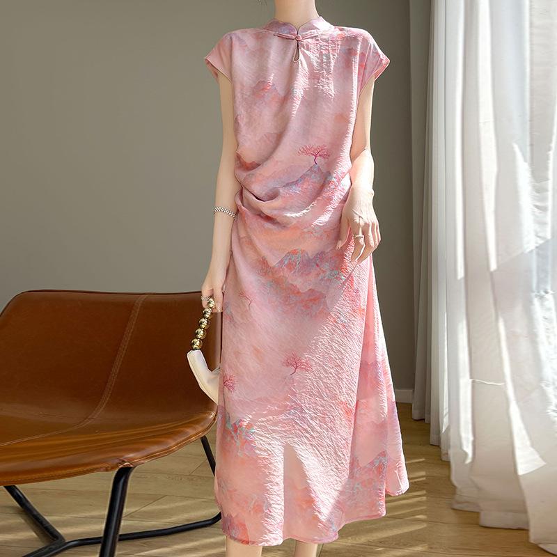 Retro New Chinese Style Silk Cotton Dress for Women with High-end Standing Collar Button Chinese Style Printed Mid-length Base Long Skirt