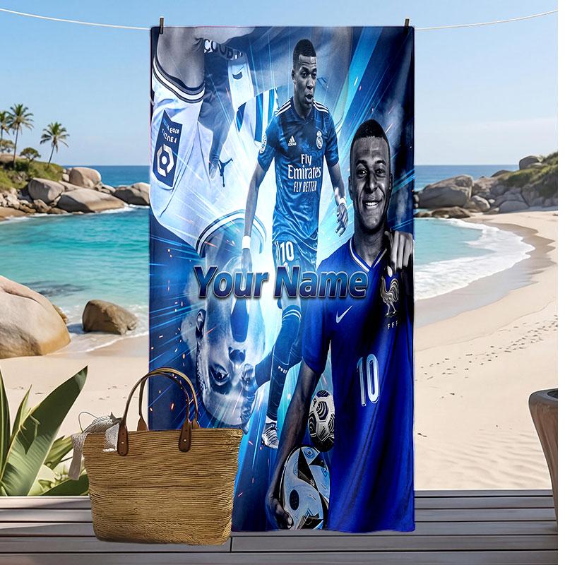 Asciugamano da Spiaggia Personalizzato Stampato Kylian Mbappe Logo Calcio Supporto Nome Personalizzato Testo Asciugamano Assorbente Per Sport Viaggio Regalo Speciale