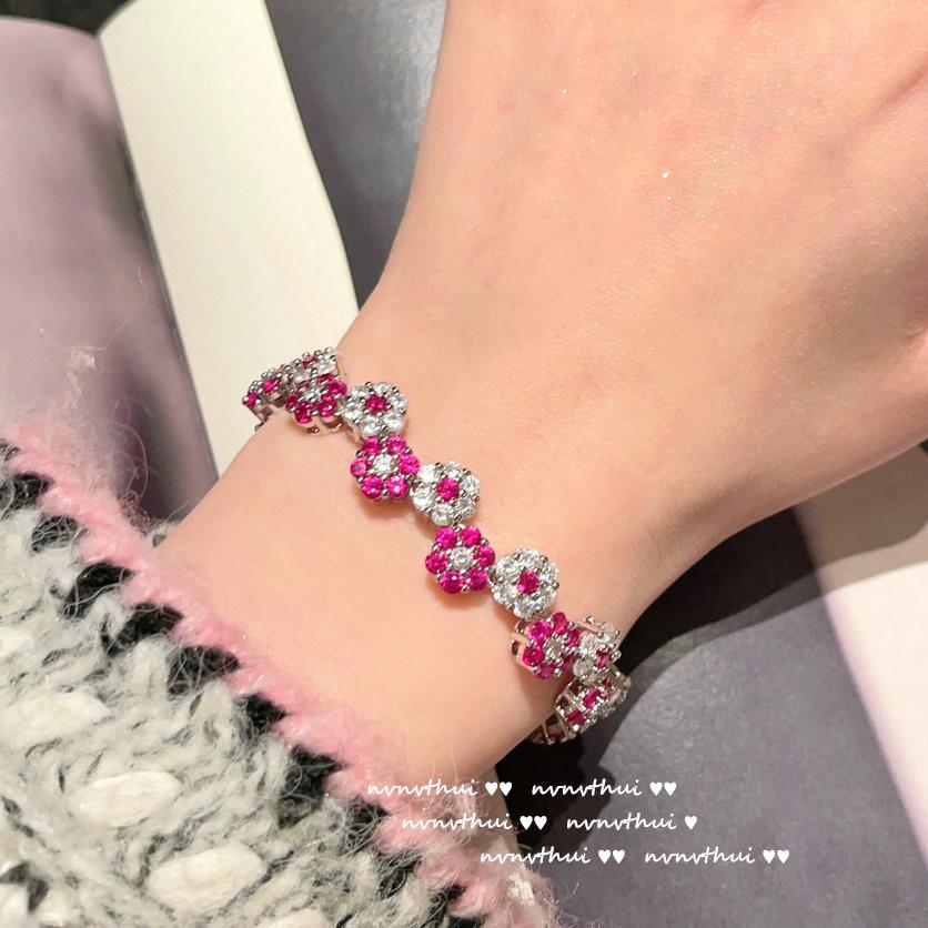 Neon Flower Jewel Ring, Rubilai, 18K Gold Plated, Rouge Pink Zircon Peach Blossom Bracelet, Set