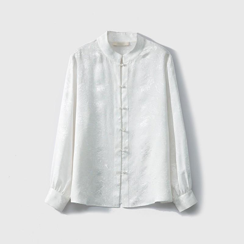 

Elegant Silk Jacquard Floral Stand Collar Long-Sleeve Shirt for Women Large чёрный