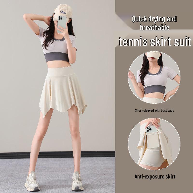 Women's Summer 2025 Quick-Dry Sportswear Set: Pleated Tennis Skort and Fitness/Yoga Outfit