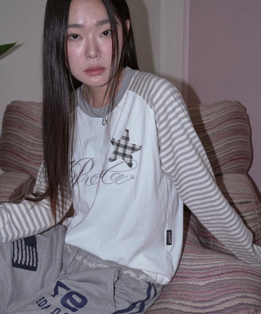 PRENDA Check Star Stripe Long Sleeve White