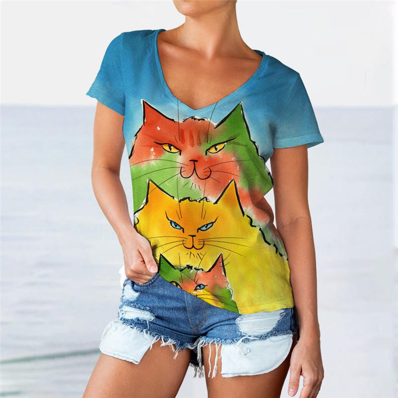 Handbemalte Cartoon Katze Damen Niedliche T-Shirts Kurzarm 3D Gedruckt Street Style Damen Tees Locker Lässig V-Ausschnitt Tops Übergroß