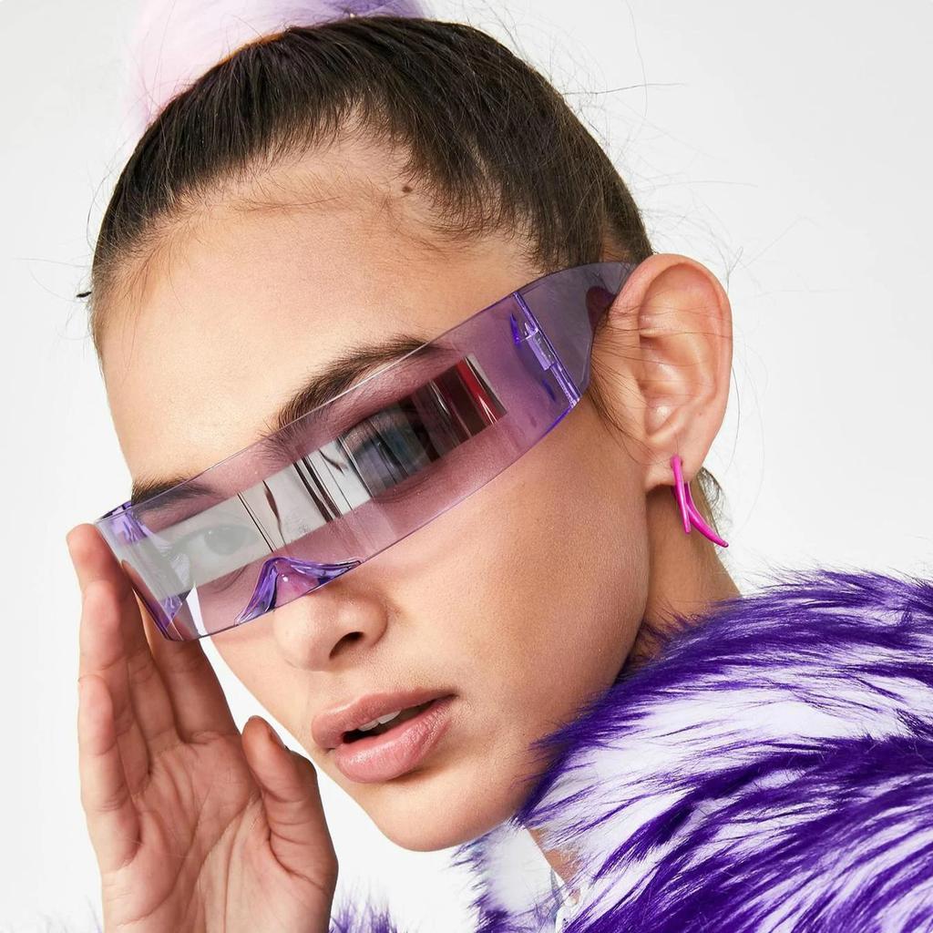 Y2K Rimless Sunglasses One Piece Lens Wrap Around Cyber Punk Futuristic Unisex Hip Hop Party Sun Glasses