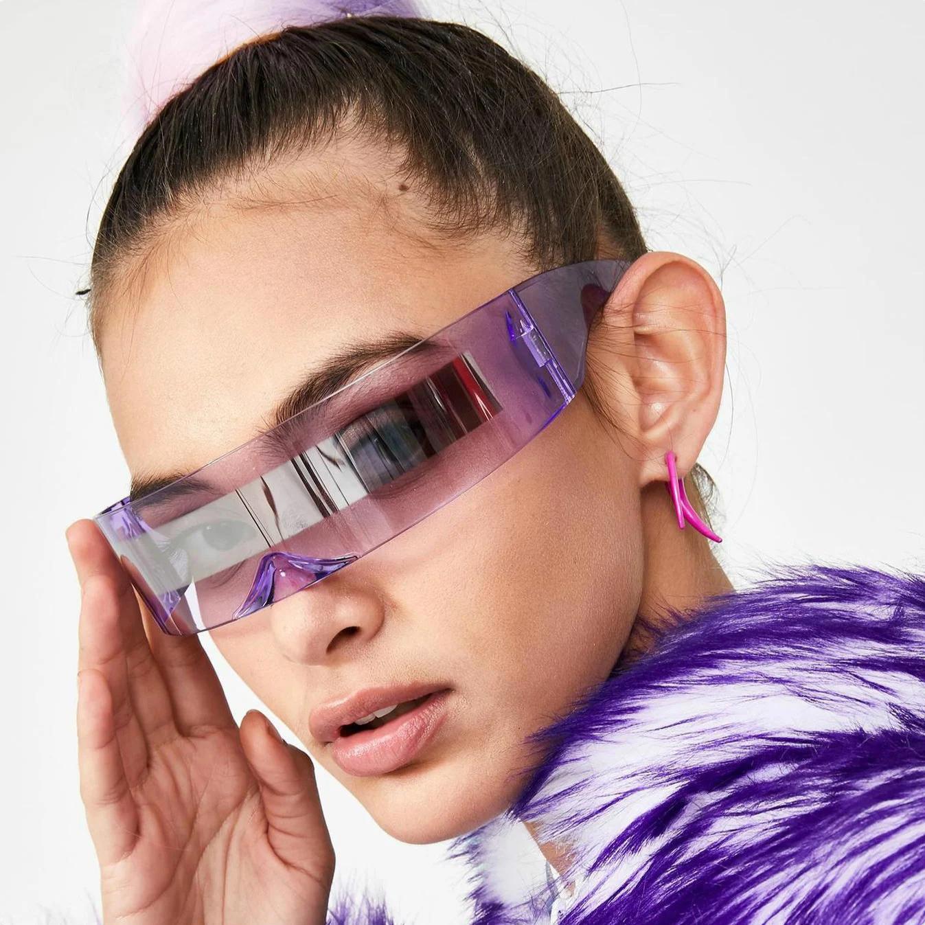 

Y2K Rimless Sunglasses One Piece Lens Wrap Around Cyber Punk Futuristic Men Women Hip Hop Party Sun Glasses Oculos De Sol MULTI