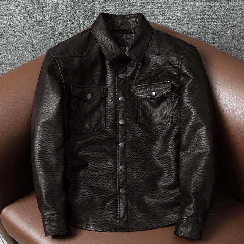 Ultra Soft Sheepskin Leather Jacket Men Slim Fit Shirt Collar Trendy Short Spring Autumn