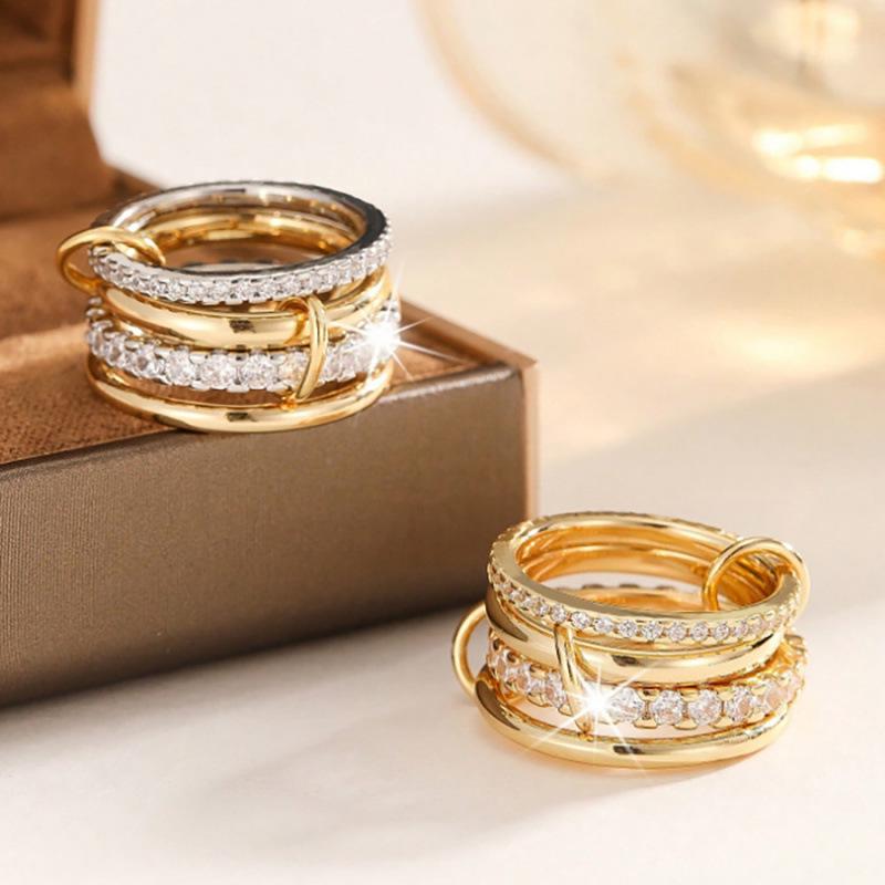 Stylish Bestseller: Two-Tone Interlocking 4-Ring Full Diamond Multi-Element Ring