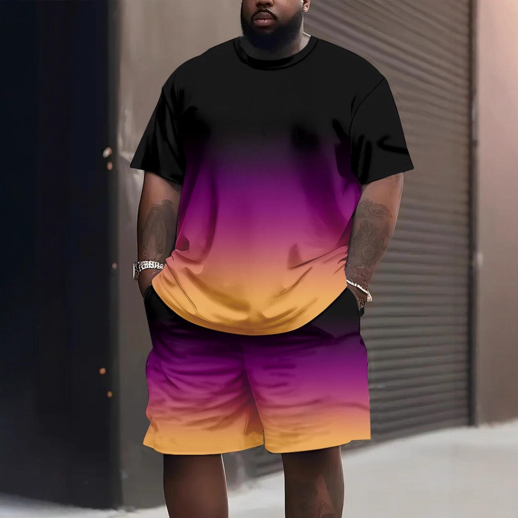 Men s Summer Comfortable Fashionable Gradient Color 3D Printed 2-piece Set Leisure Sports Style Loose Oversized Breathable Sports Wear S