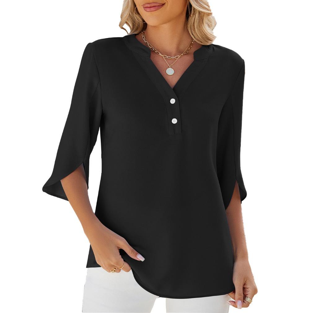 IHUASU Spring/Summer Solid Color Button V-neck Loose Mid-sleeve Chiffon Blouse