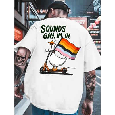 Herren T-Shirt "Sounds Gay I'm In" - Regenbogenente & Rosa Flagge Rückendruck, Lockere Passform, Lässige Sommer-Sportbekleidung, + Slogan-T-Shirt für Partys & Alltagsoutfits