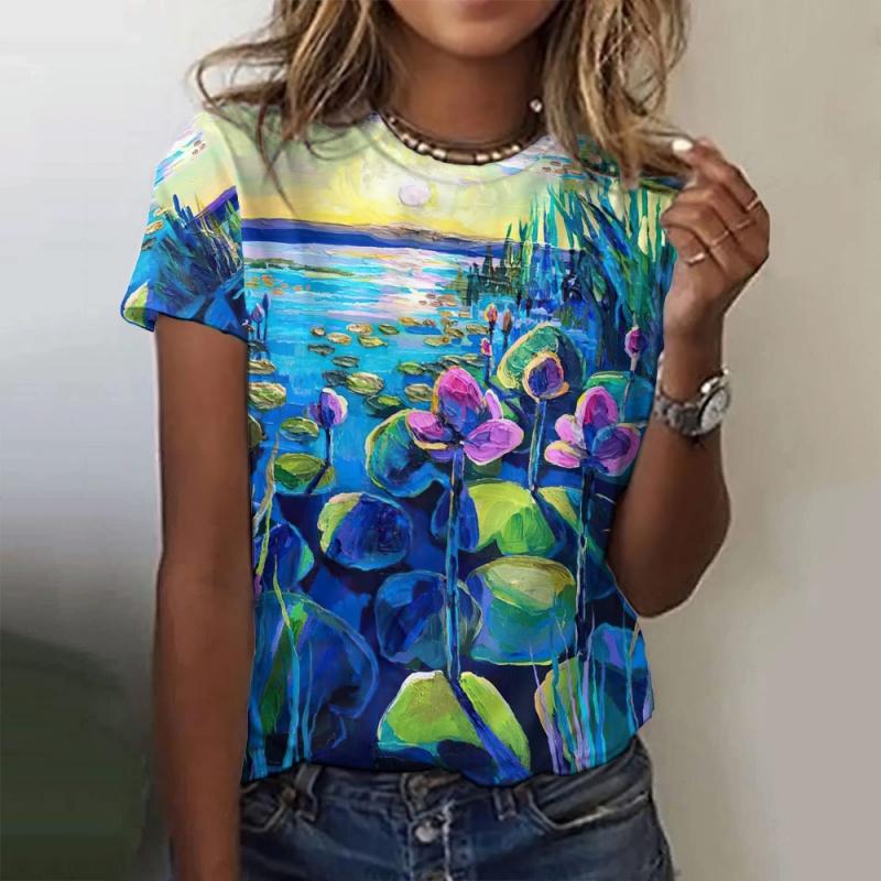 Ocean Sun Trees Flowers Pattern 3D Printed T Shirt For Women Short Sleeves Tees Summer Casual Loose T-Shirts Street Tops