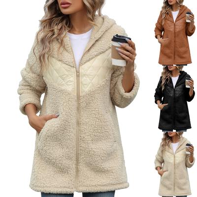 Women's  Loose   And Winter Thick Plush Zip Contrast Patchwork Hooded Jacket