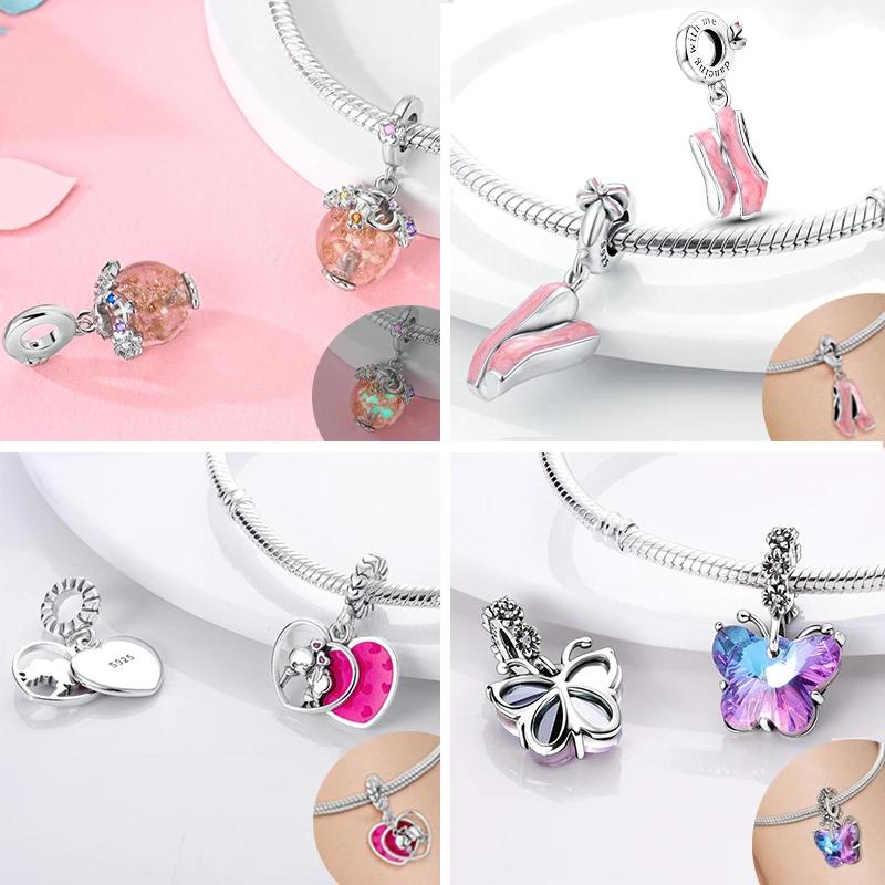New 925 Silver Charms Beads Love Heart Pink Original Charm Pendant Fit Charm Bracelets DIY Jewelry Birthday Gift