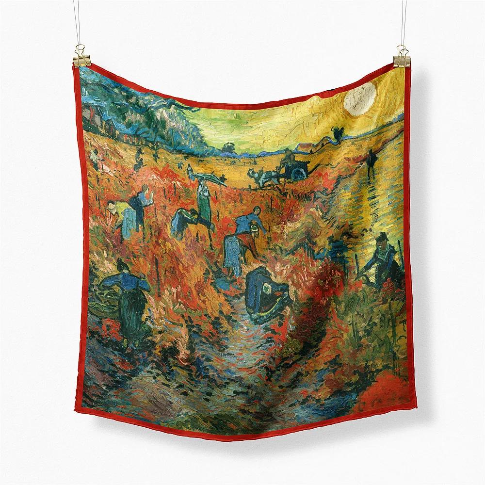 Oil Painting Twill Silk Scarf Women Bandana Foulard Female Headbands Neck Kerchief Fashion Print Square Scarves