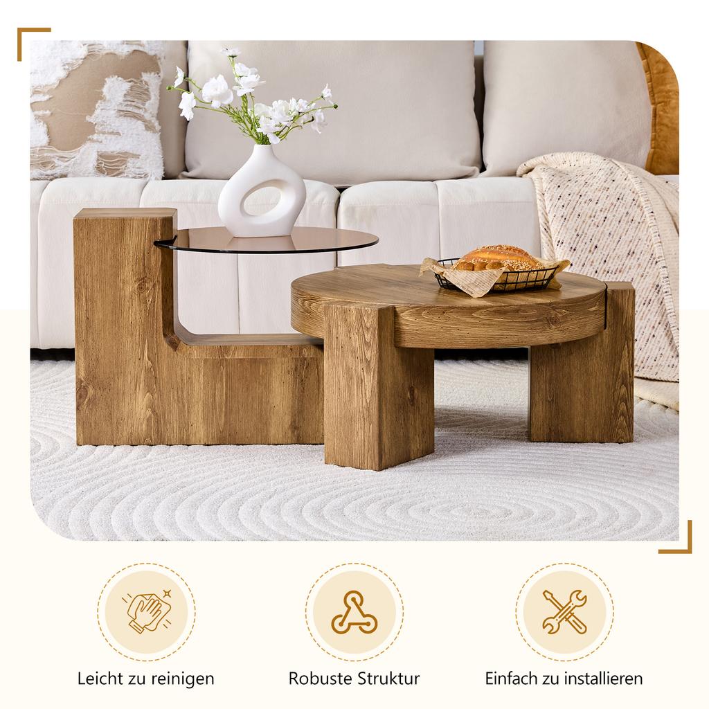 [Separable Coffee Table Set] MDF Wood-Look + 0.6 Cm Brown-Tinted Safety Glass - Combined As a Coffee Table / Split Into Two Side Tables.