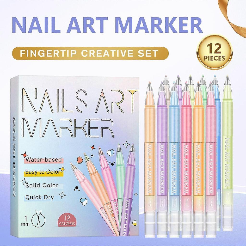 12 Colors Nail Art Pens Set, 2026 New Nail Art Markers Polish Pen for Drawing, Dotting, and Painting, DIY Nail Art Liner Brush Kit Manicure Tools