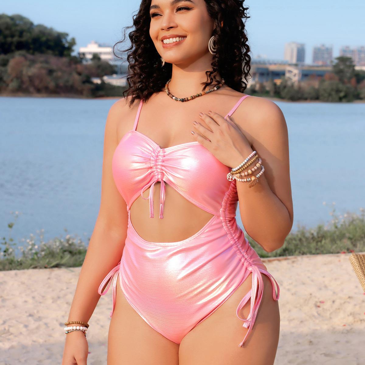 

New Sexy Plus Size Solid Color Drawstring One-Piece Women s Swimsuit T706 XS рожевий