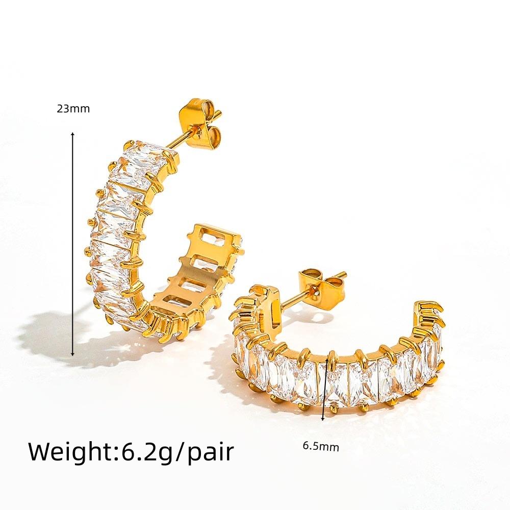 Fenny High End PVD 18K Gold Plated No Fade Baguette Rectangle CZ Paved Curved C Hoop Stainless Steel Jewelry золотой