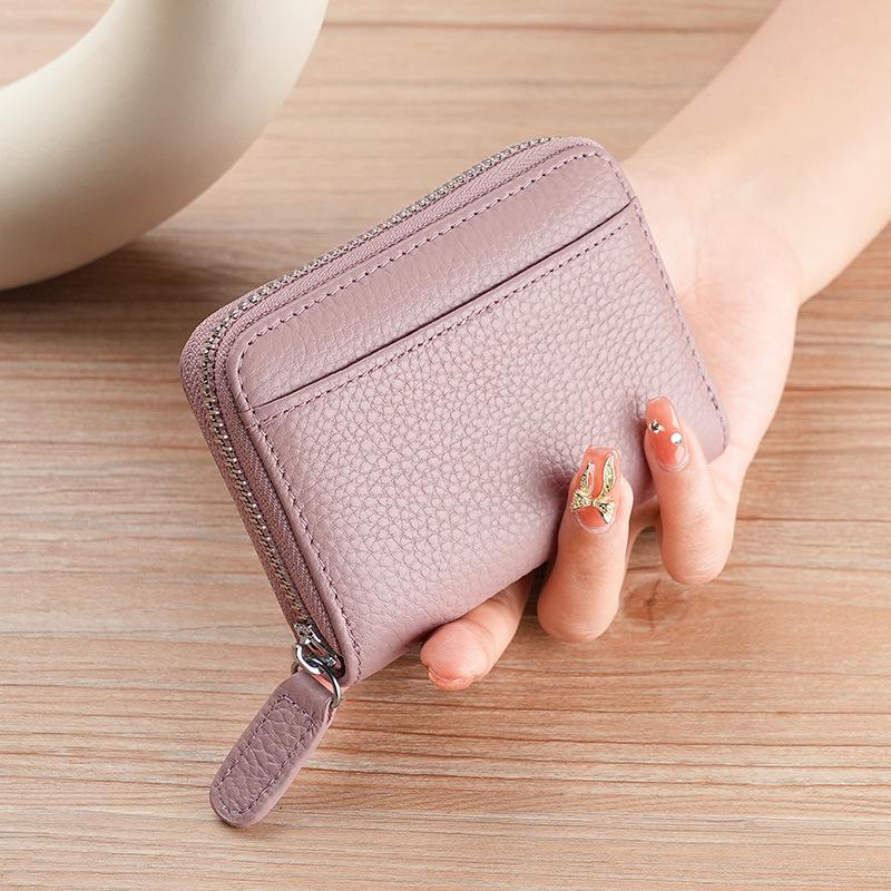 Women's Genuine Leather Zipper Card Holder - Anti-Demagnetization Multi-Slot Accordion Style