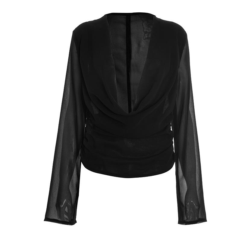 J25TP327 Women's Deep V Chiffon Long Sleeve Top with Flowing Collar and Scarf