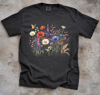 Comfort Colors Vildblommor Botanisk T-shirt, Vintage Pressade Blommor Grafisk Tee