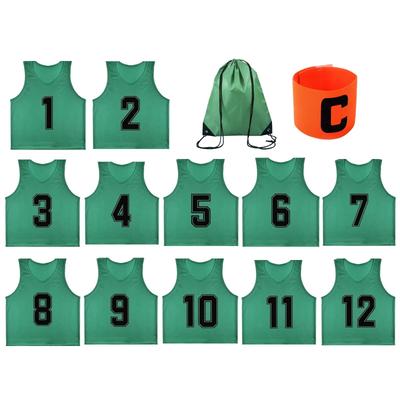 [TOEPODO] Adult Bibs, 12 Pieces, Numbered 1-12 On Front and Back, with Drawstring Storage Bag and Captain's Armband. Sports Bibs, Junior Soccer Bibs,