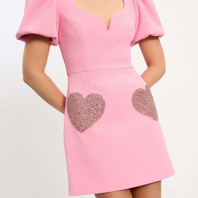 

Summer V-neck Sweet Pink Puff sleeve Sequined Women s Dress Birthday Short dress Birthday Short Skirt Pink L