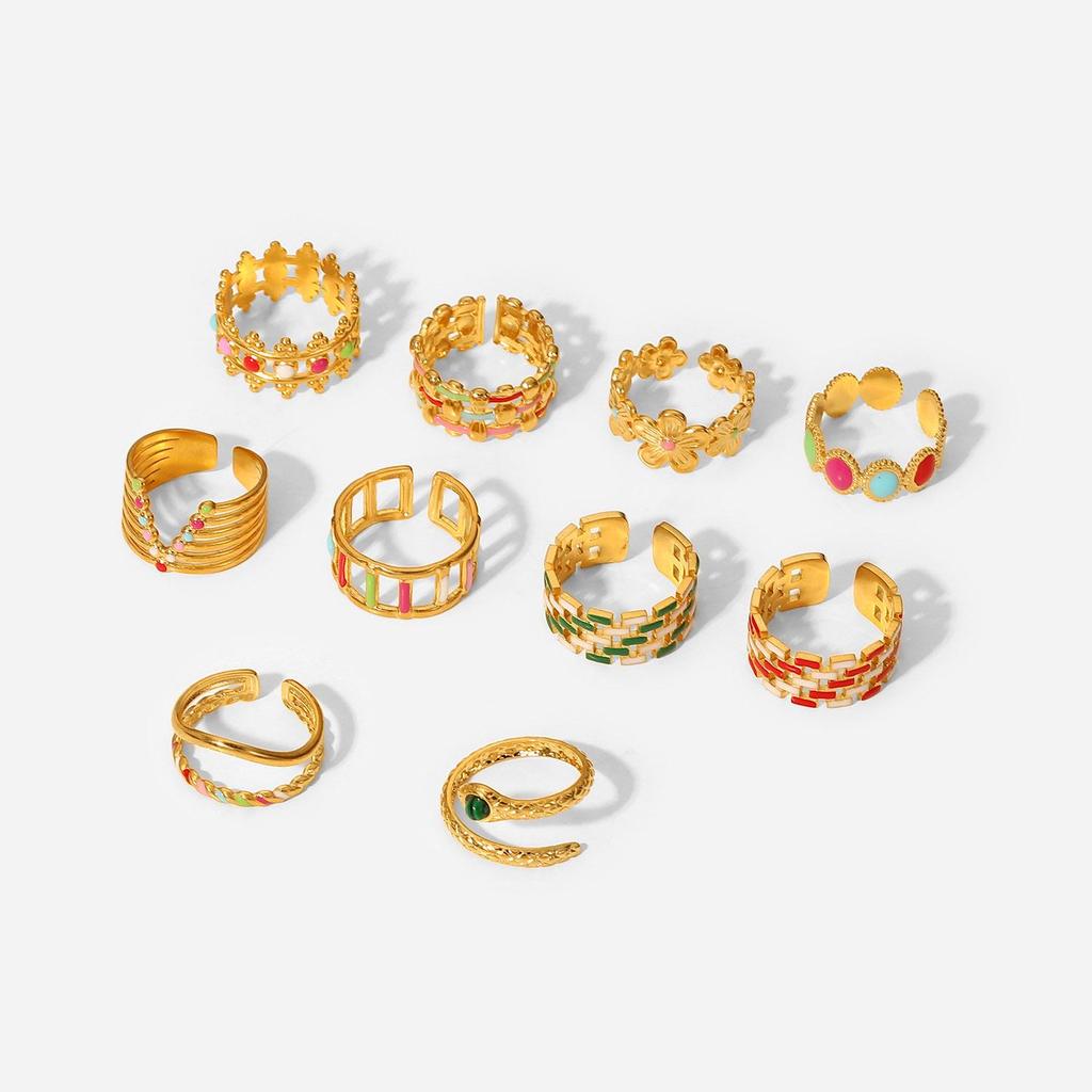 18K Gold Plated Stainless Steel Women's Geometric Colorful Enamel Ring