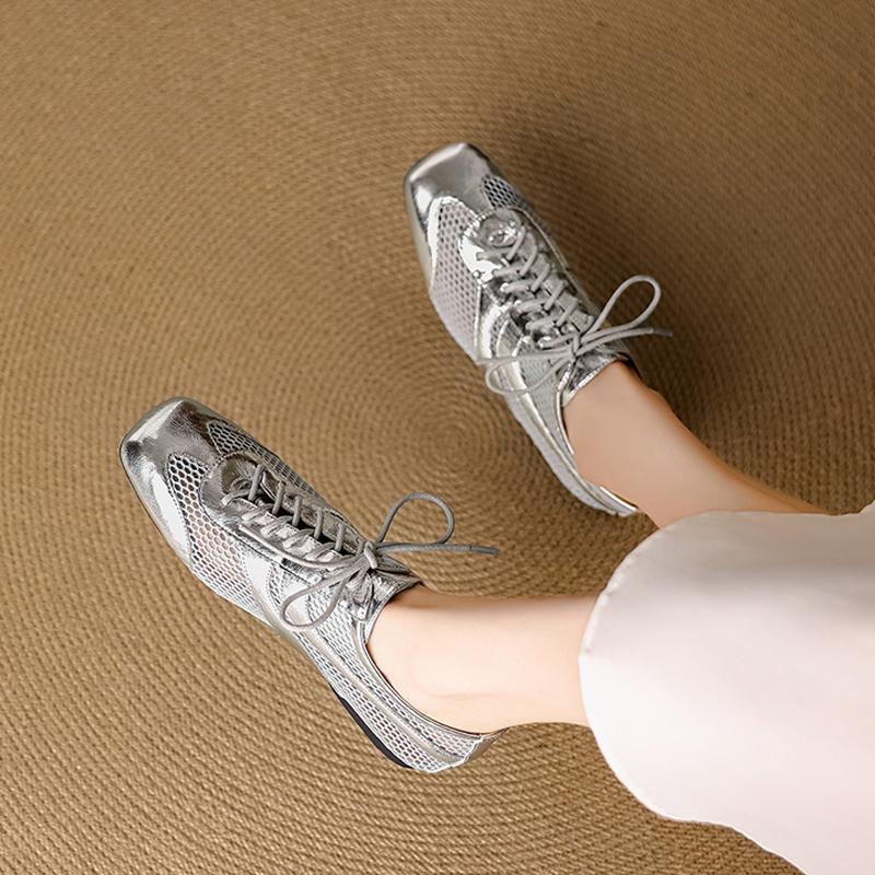Fashion 2025 New Autumn Genuine Leather Woman Shoes Square Toe Women Flats Lace Up Loafers Flat with Flat Ladies Shoes