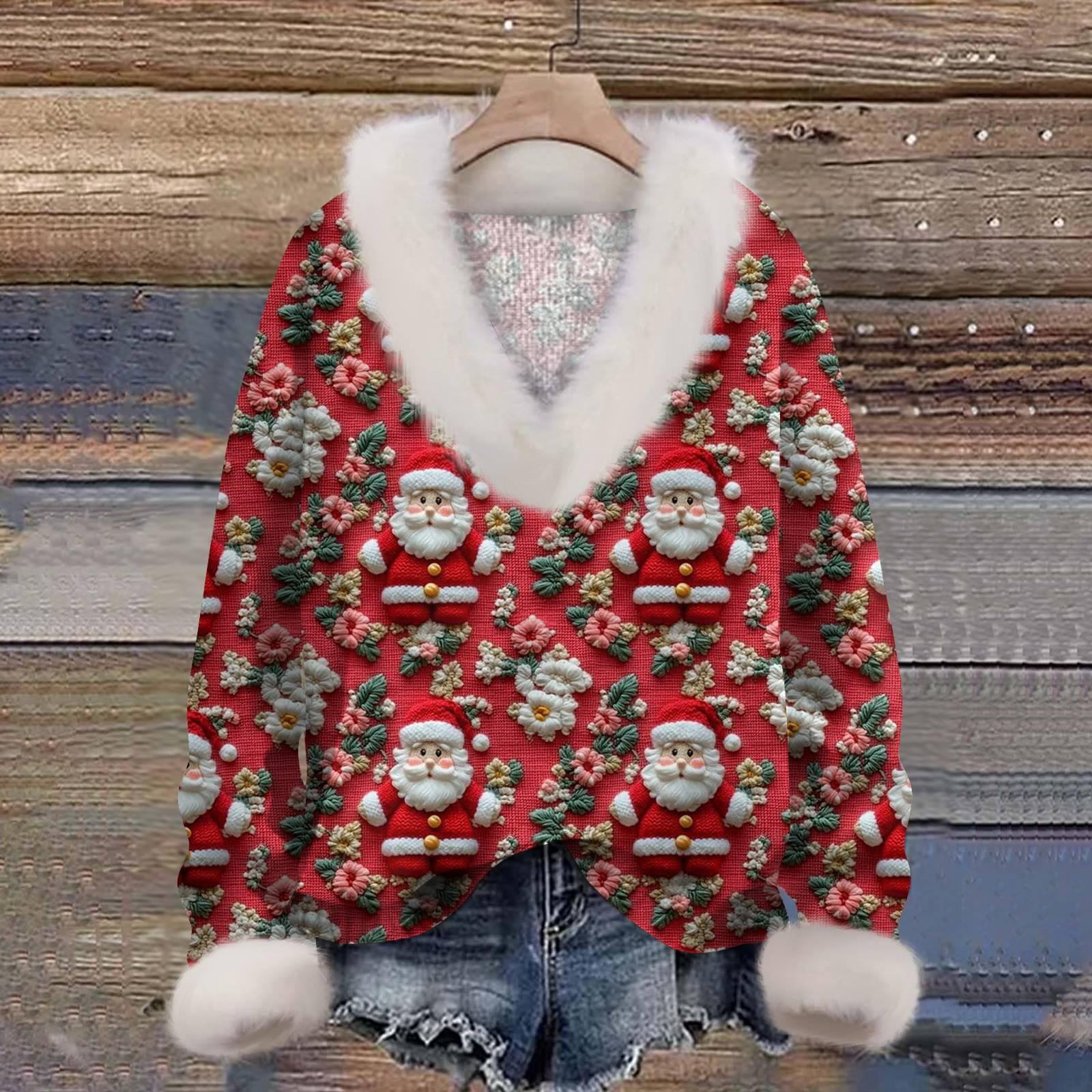 

Женская толстовка с длинным рукавом, рождественским принтом, плюшевым воротником, V-образным вырезом, пуловер M красный