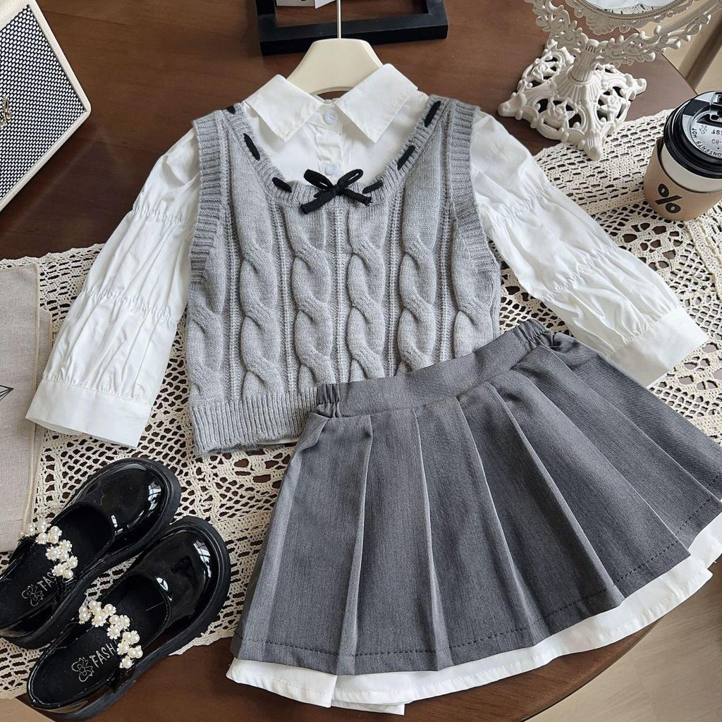 Girls' Autumn Sweater Vest, Shirt & Pleated Skirt Set (AQA063-AQA065)