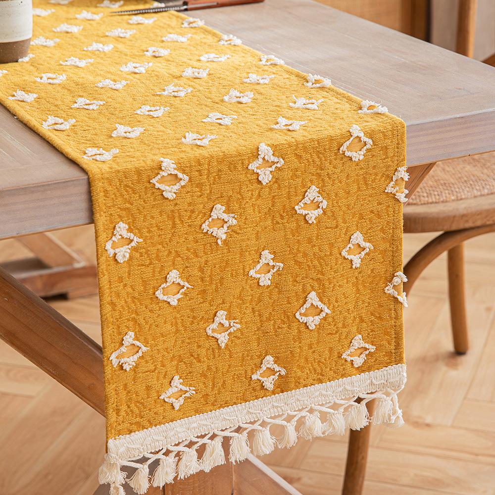 1pc Boho Table Runner for Home Decor Macrame Cream Yellow Farmhouse Table Runner with Tassels for Bohemian Dining Bedroom Decor