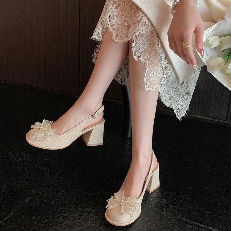 

Bridal wedding shoes square head 2025 new one-word buckle with Mary Jane bow waterproof table high-heeled banquet shoes 34 абрикосовый