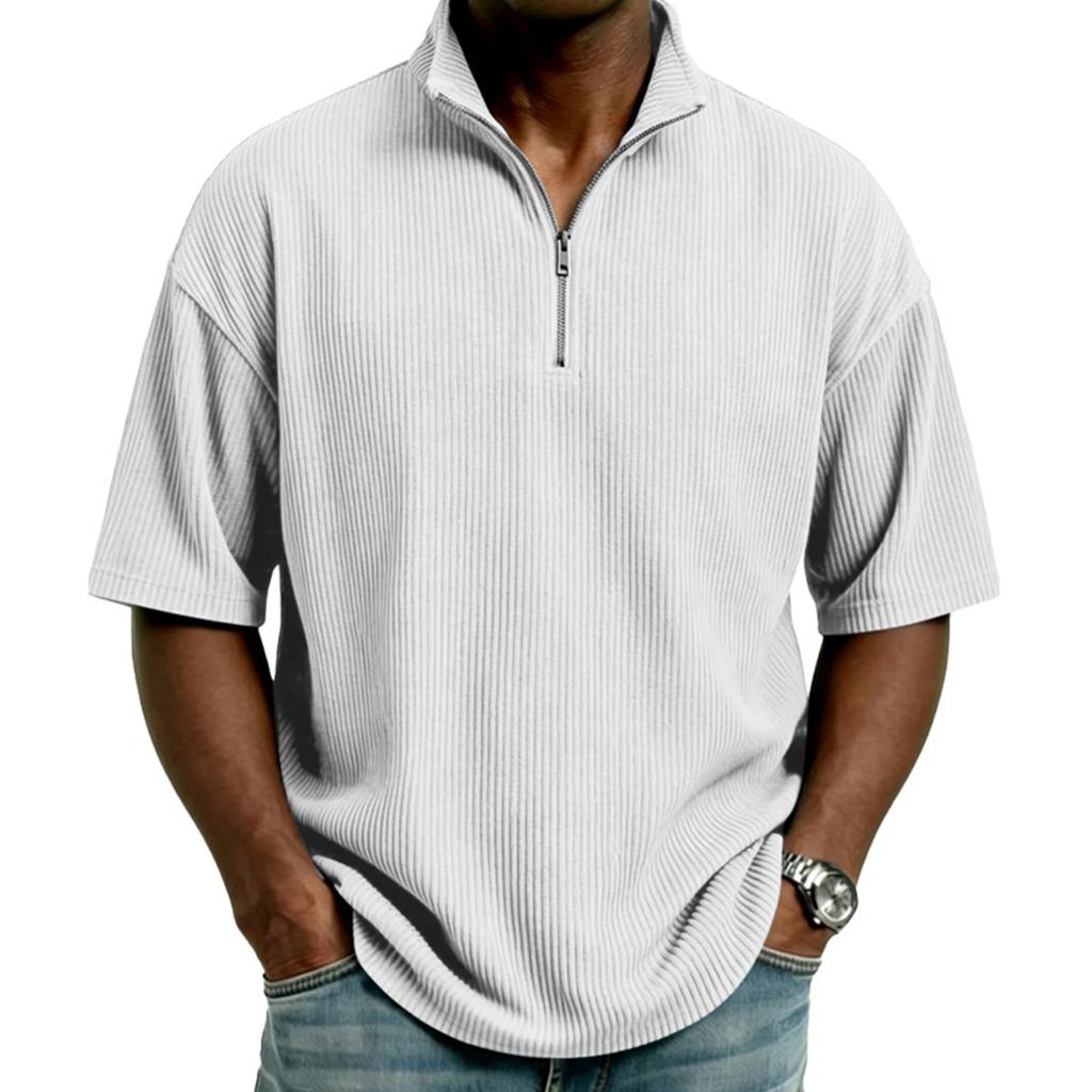 Men's Half,zip T,shirt, Corduroy Short,sleeved Shirt, Summer Loose Casual Color Top