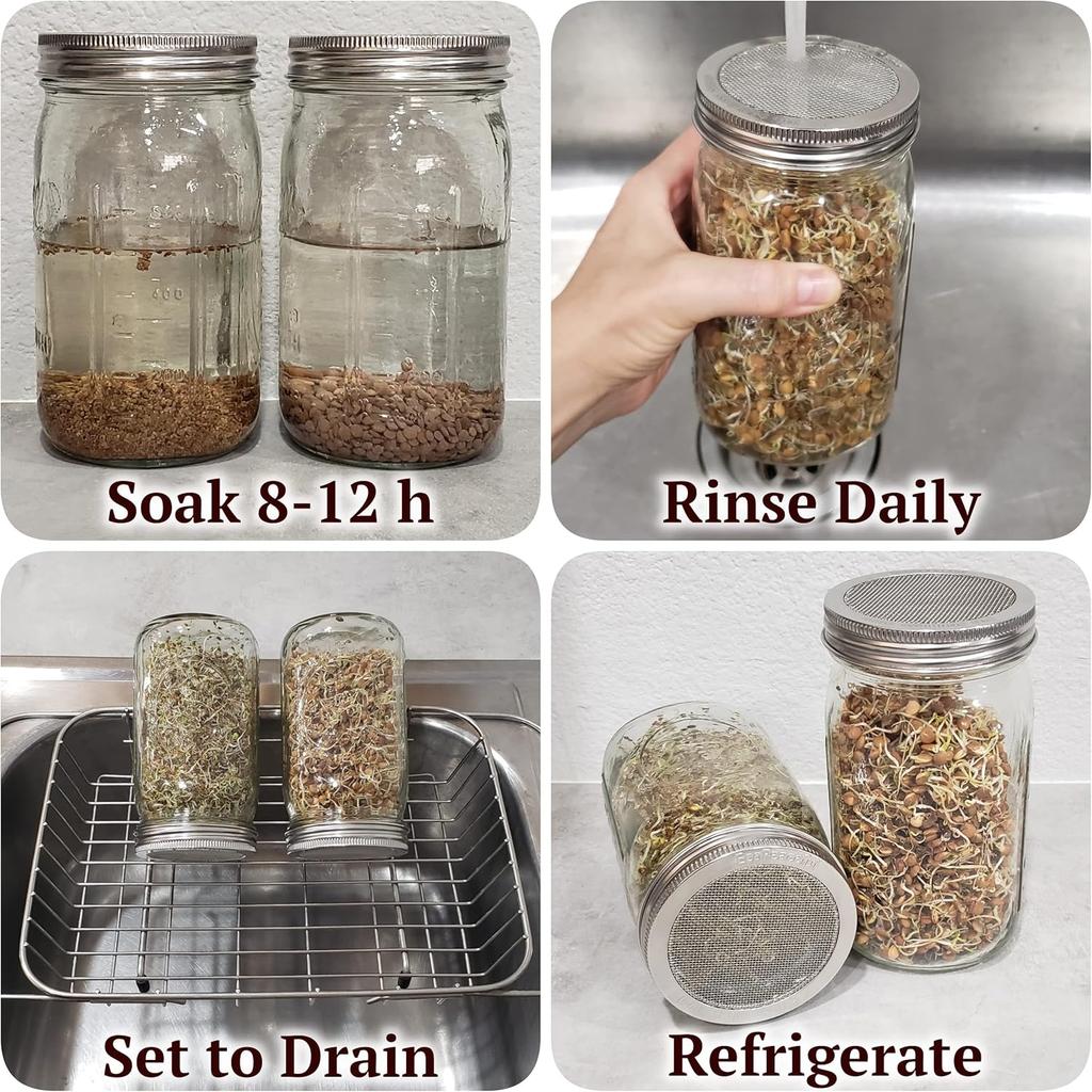 2 Pack ONE-PIECE 316 Surgical Stainless Steel Sprouting Lids for Wide Mouth Mason Jar (Ball Kerr) - One-Piece- Strainer Mesh Lids - Rust-Proof