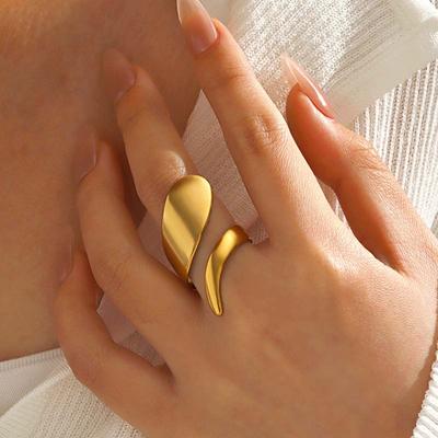 Stainless Steel Gold Color Geometric Open Rings For Women Vintage Metal Irregular Hollow Adjustable Ring Jewelry Gift