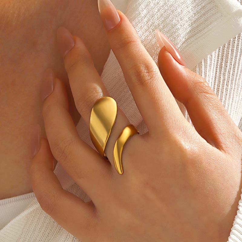 Stainless Steel Gold Color Geometric Open Rings For Women Vintage Metal Irregular Hollow Adjustable Ring Jewelry Gift