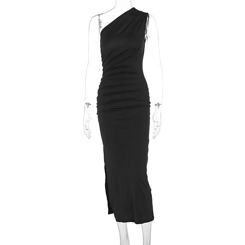 Women European Style One Shoulder Solid Color Slit Sleeveless High Waist Slim Sexy Long Dress