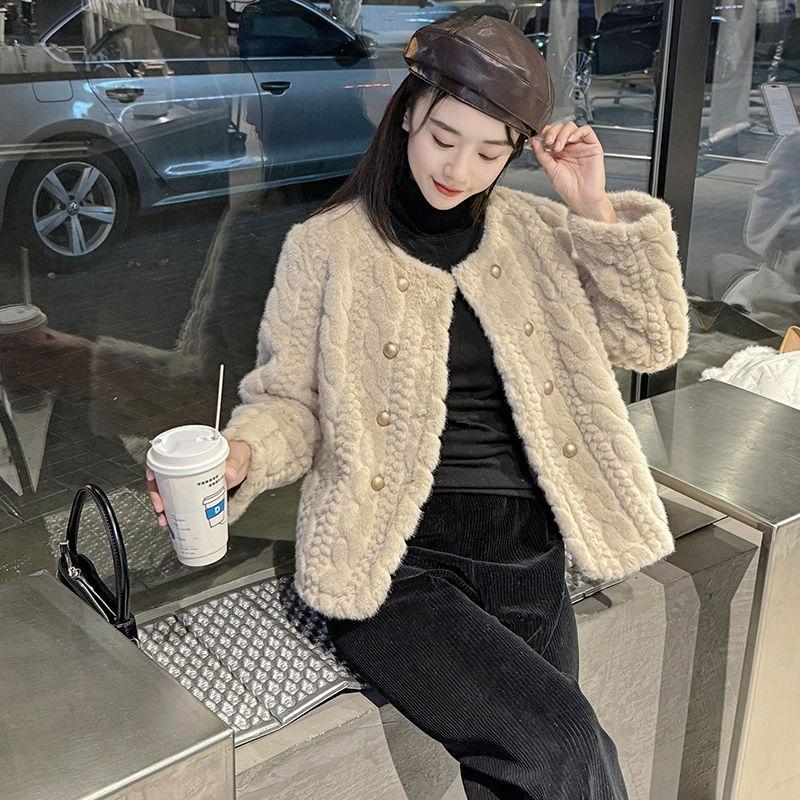 Women's Autumn Winter Short Faux Mink Fur Coat with Cotton Padding Thickened Crew Neck Fluffy Fashionable Outerwear