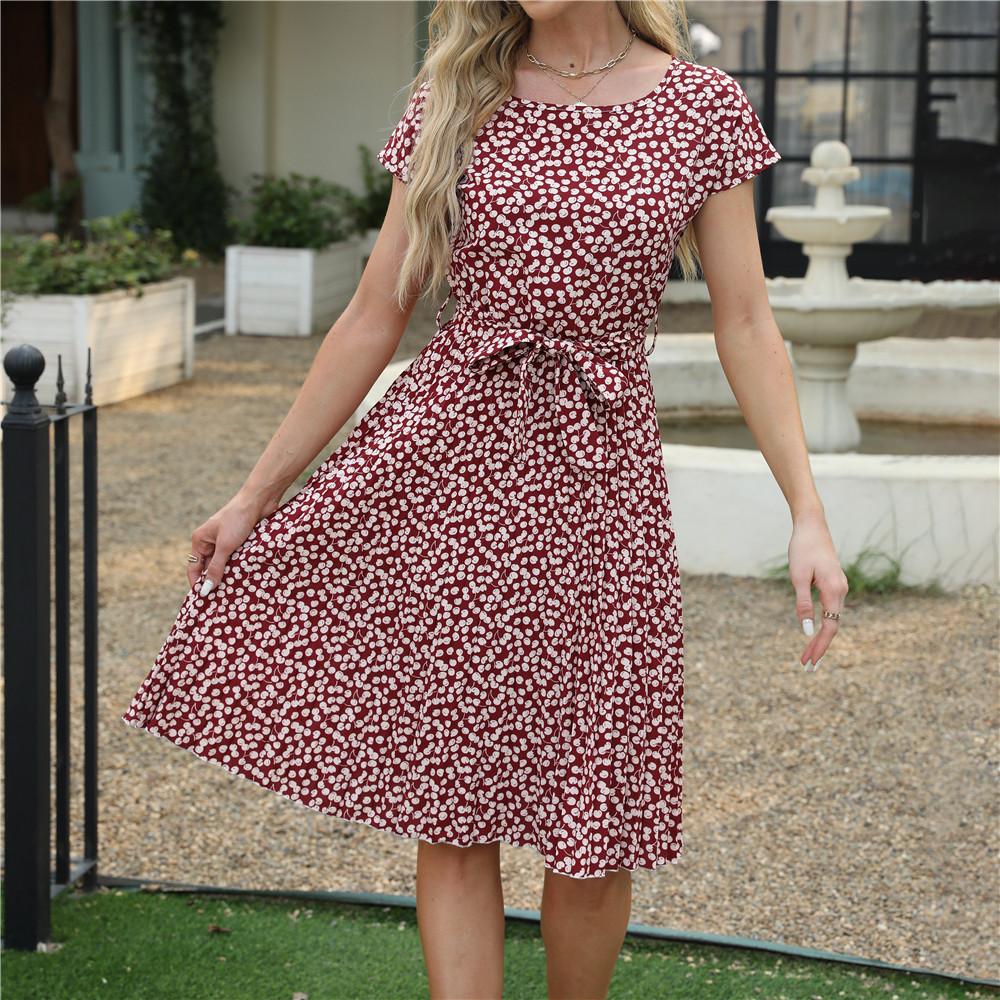 Rochie plisată din dantelă cireș leopard primăvară vară cu mânecă scurtă de lungime medie