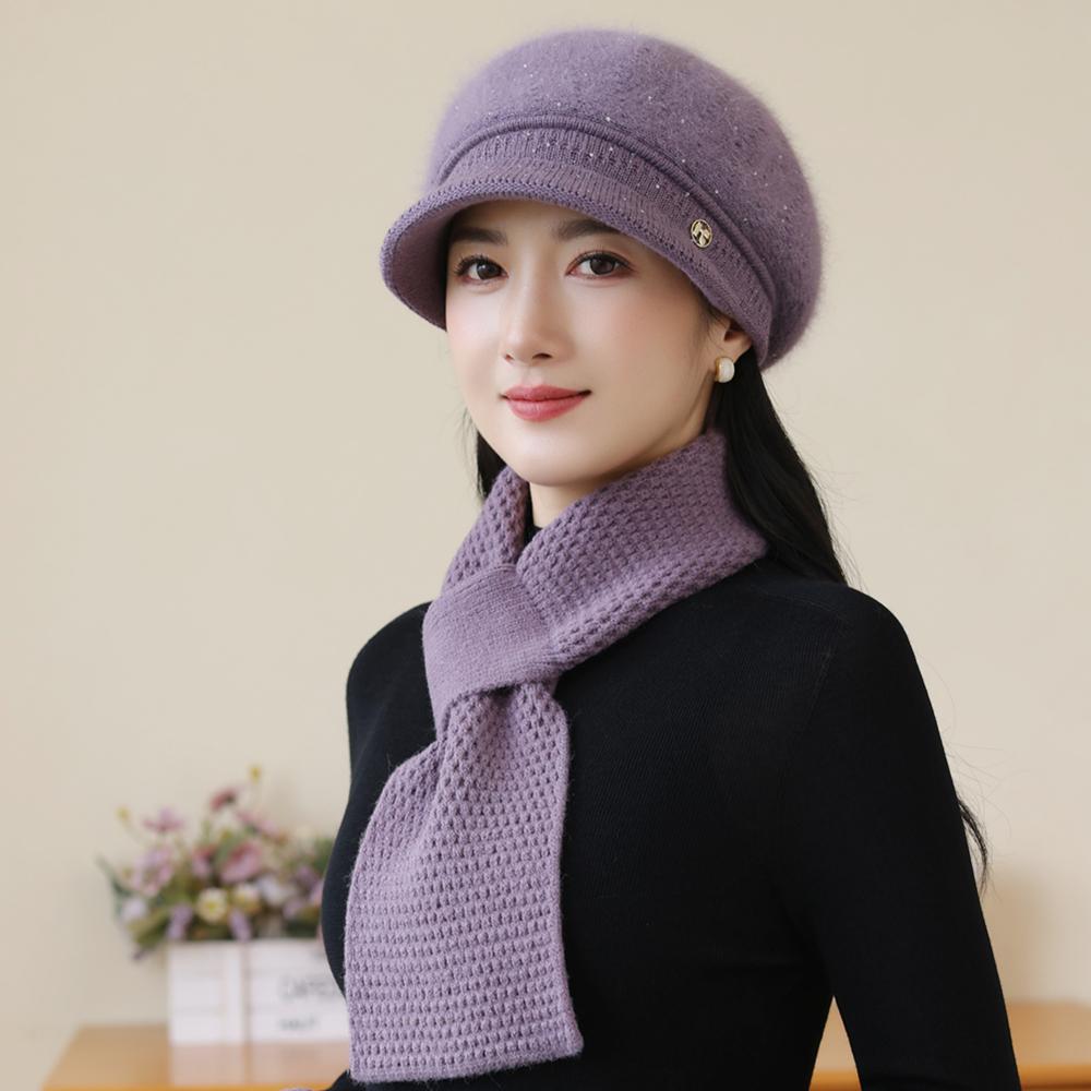 New Women Fashion Winter Warm Set K Letter Plush Fur Lined Warm Hats For Women Casual Rabbit Fur Blend Outdoor Dandy Knitted Cap