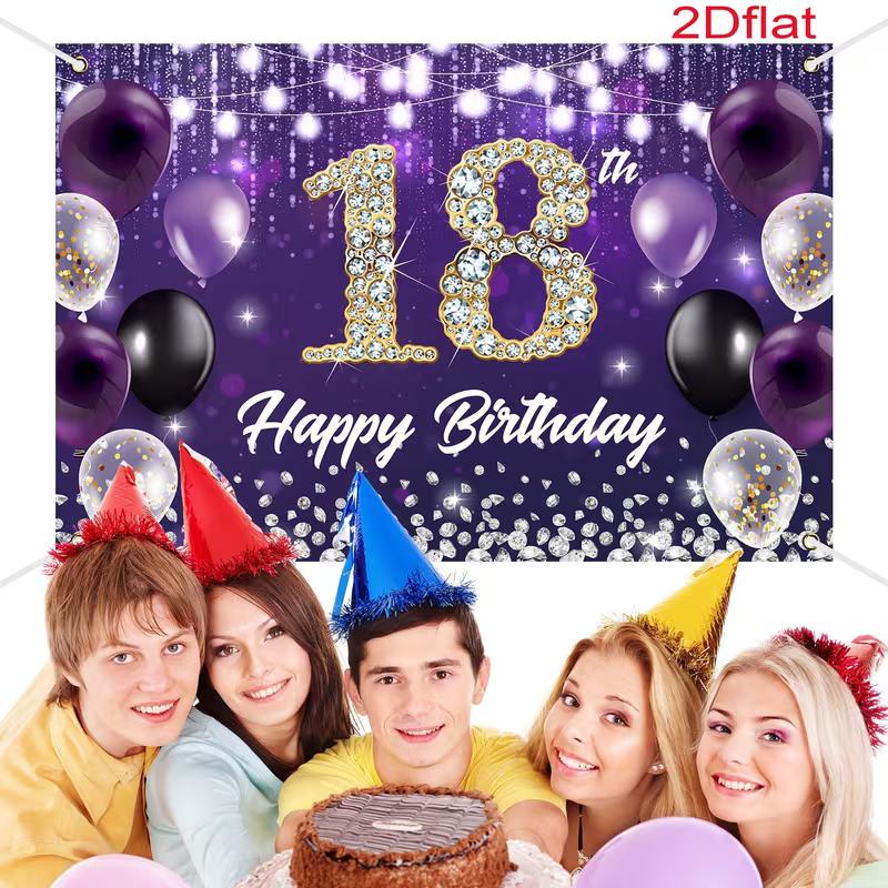 2D Happy 18th Birthday Backdrop, Purple Balloon, Diamond & String Light Party Background Cloth