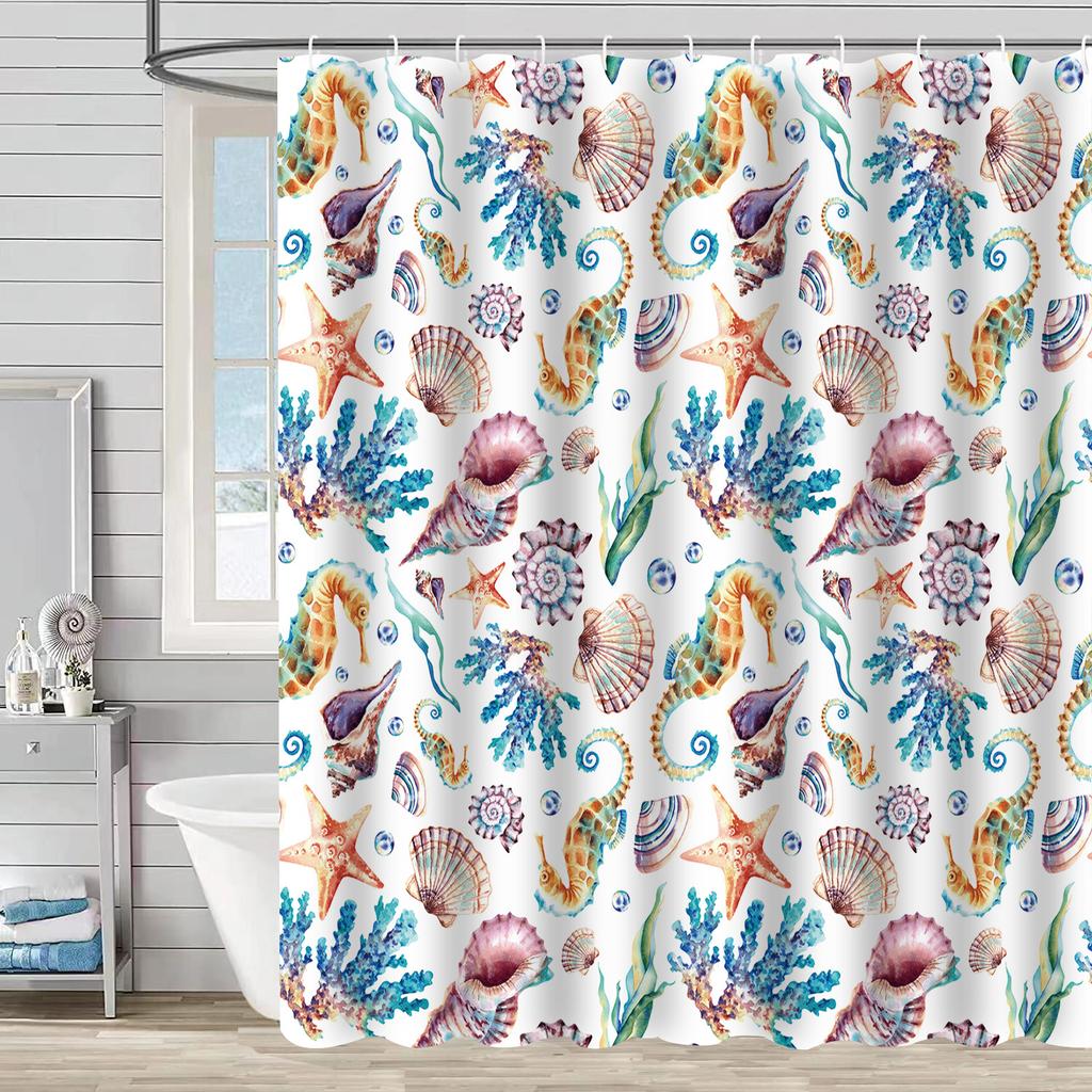 Shower Curtain Waterproof And Mildew-Proof Digital Printing Starfish Shell Shower Curtain Bathroom Partition Curtain Free Punching