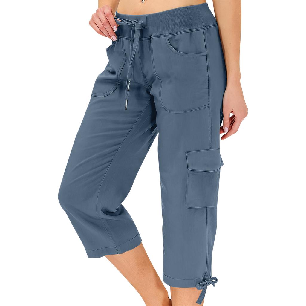 Women’s Loose Fit High Waist Elastic Waistband Lightweight Hiking Pants with Dual Pockets and Drawstring Capri Length for Outdoor Activities